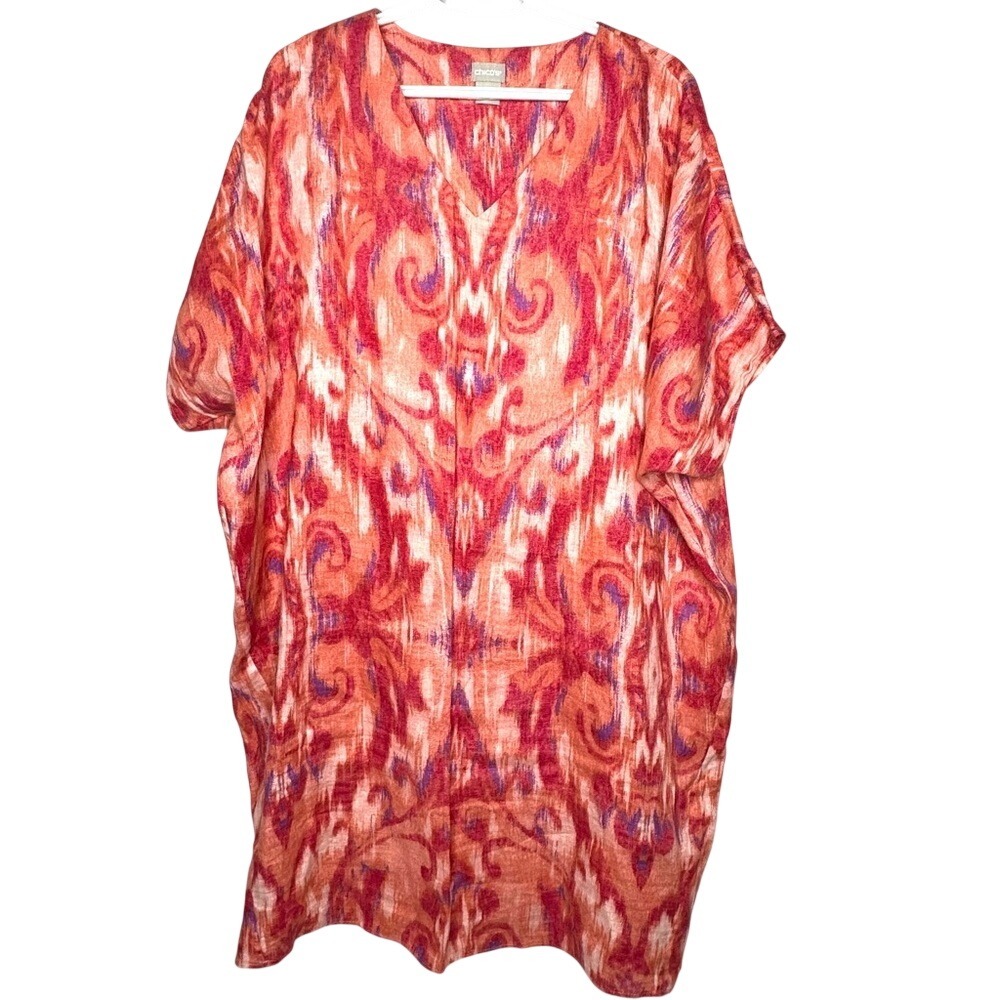 Chicos Linen Wedge Tunic Dress Sz 3‎ Cover Up Colorful Beachy Flowy Artsy Boho